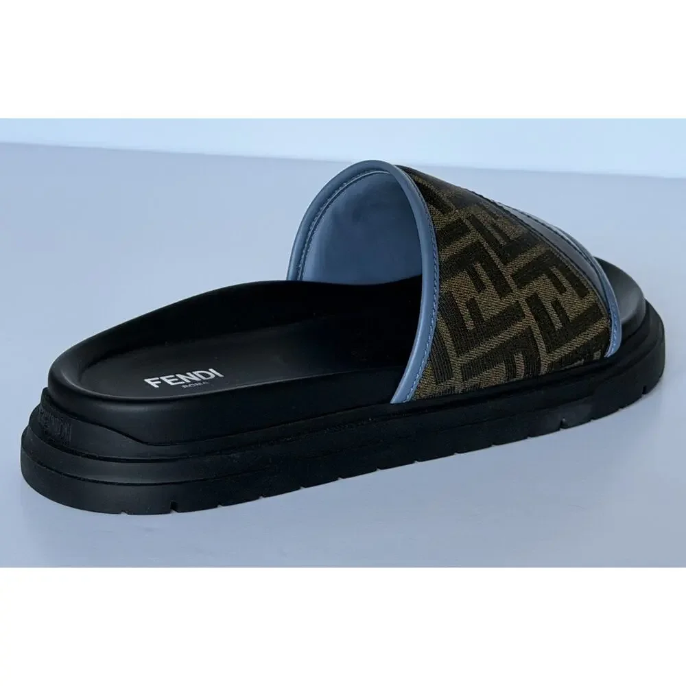 Fendi Men's FF Diagonal Leather/Fabric Slide Sandals 10 US/9 UK 7X1674 NWT $595